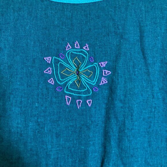 Vintage Studio Ease Midi Dress Womens 14 Linen Teal Turquoise Safari Elephant - Picture 5 of 13